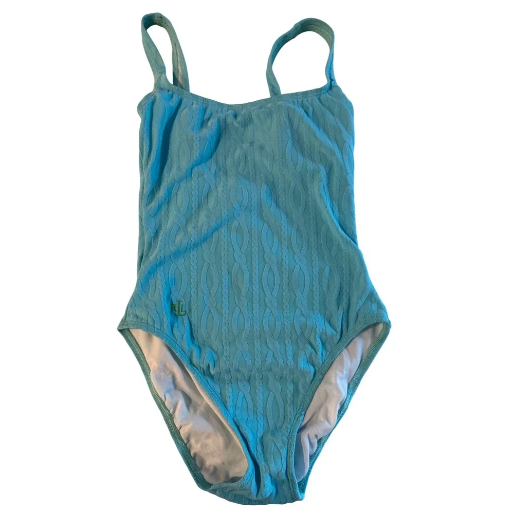 Lauren Ralph Lauren Womens Turquoise Blue Cable Knit One Piece Swimsuit LRL Logo
